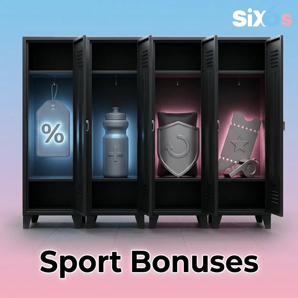 Sports betting bonuses promotional image showing cricket accumulator boost, football weekend reload, and esports free bet offers — Six6s in Pakistan